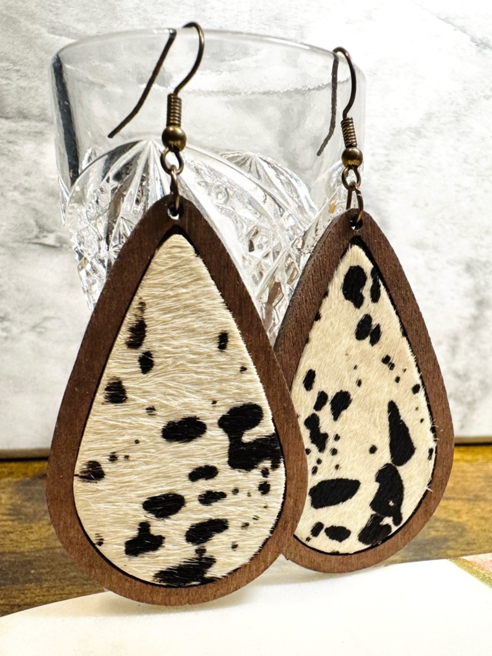 Cowhide Print Teardrop Earrings Wood Boho Western Dangle
